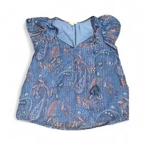 Lucky Brand Paisley Print Top M Blue Orange‎ Short Sleeve Tassel Blouse